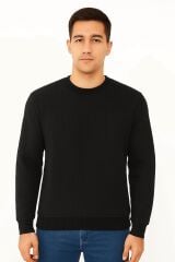 Uzun Kollu Bisiklet Yakalı Pamuk Karışımlı Çizgi Detaylı Sıcaklığıyla Ön Plana Giren Erkek Sweatshirt 95090 SİYAH