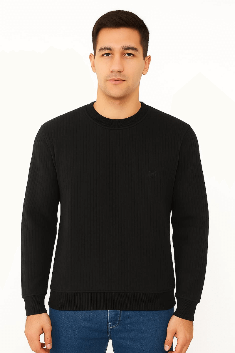 Bisiklet Yaka Uzun Kollu Pamuk Karışımlı Çizgi Detaylı Erkek Sweatshirt 95090 SİYAH SİYAH - XXL