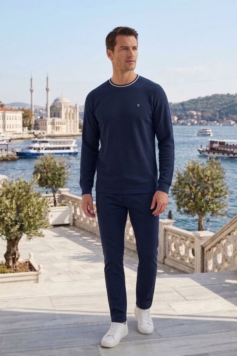 Erkek Bisiklet Yaka Kolu Ribanalı Sweatshirt LACİVERT