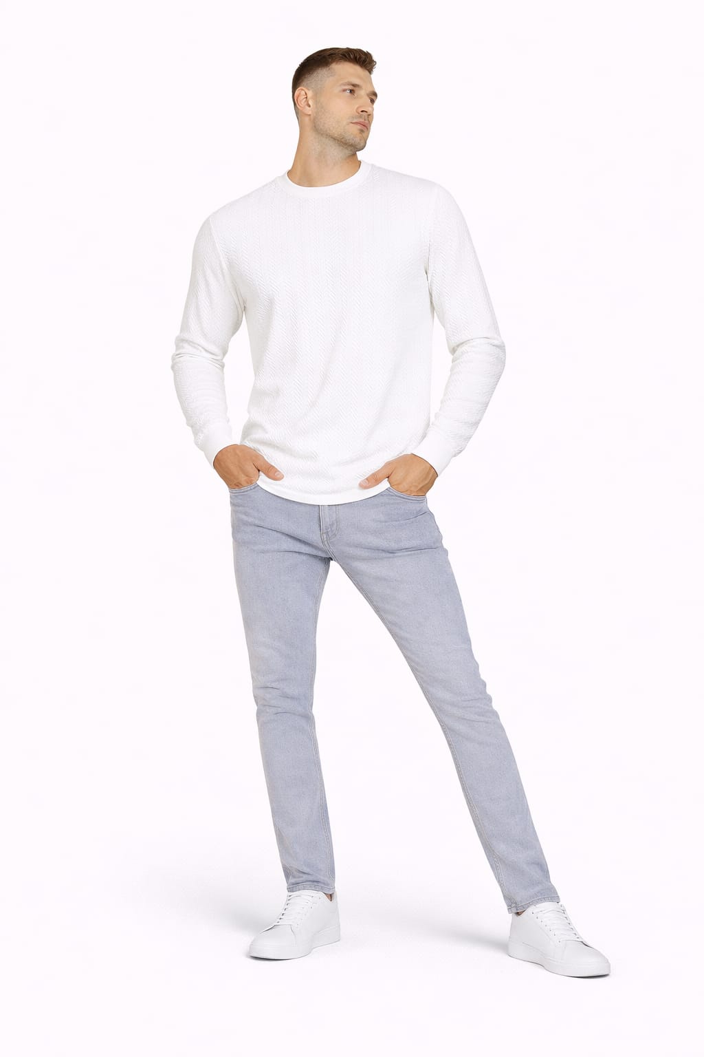 Erkek Bisiklet Yaka Sweatshirt 95219 BEYAZ BEYAZ - L