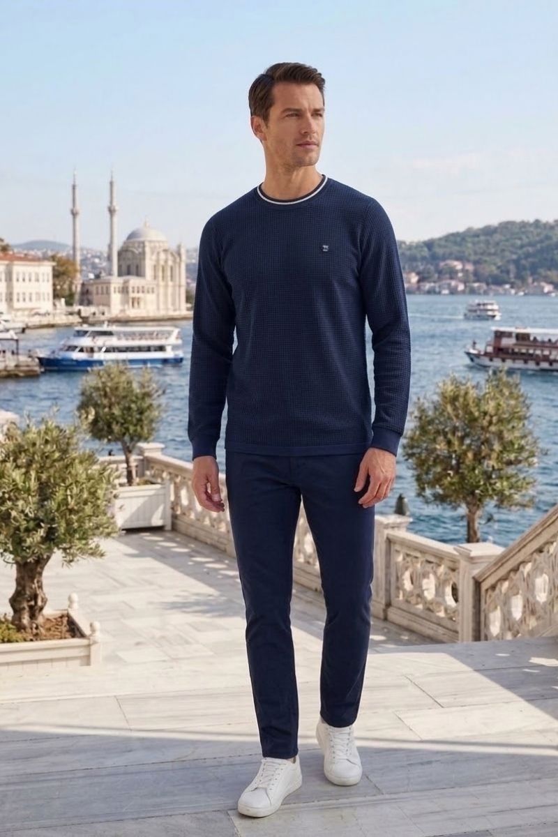 Erkek Bisiklet Yaka Kolu Ribanalı Sweatshirt LACİVERT LACİVERT - XL