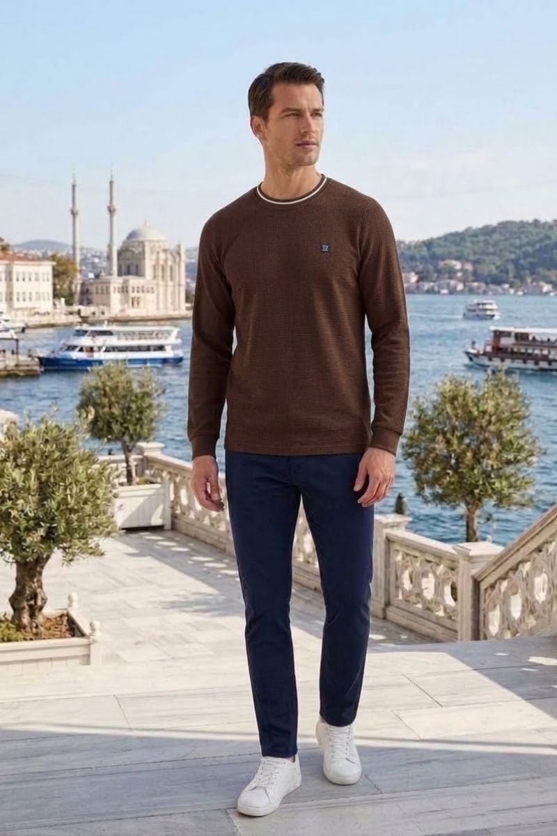 Erkek Bisiklet Yaka Kolu Ribanalı Sweatshirt KAHVERENGİ