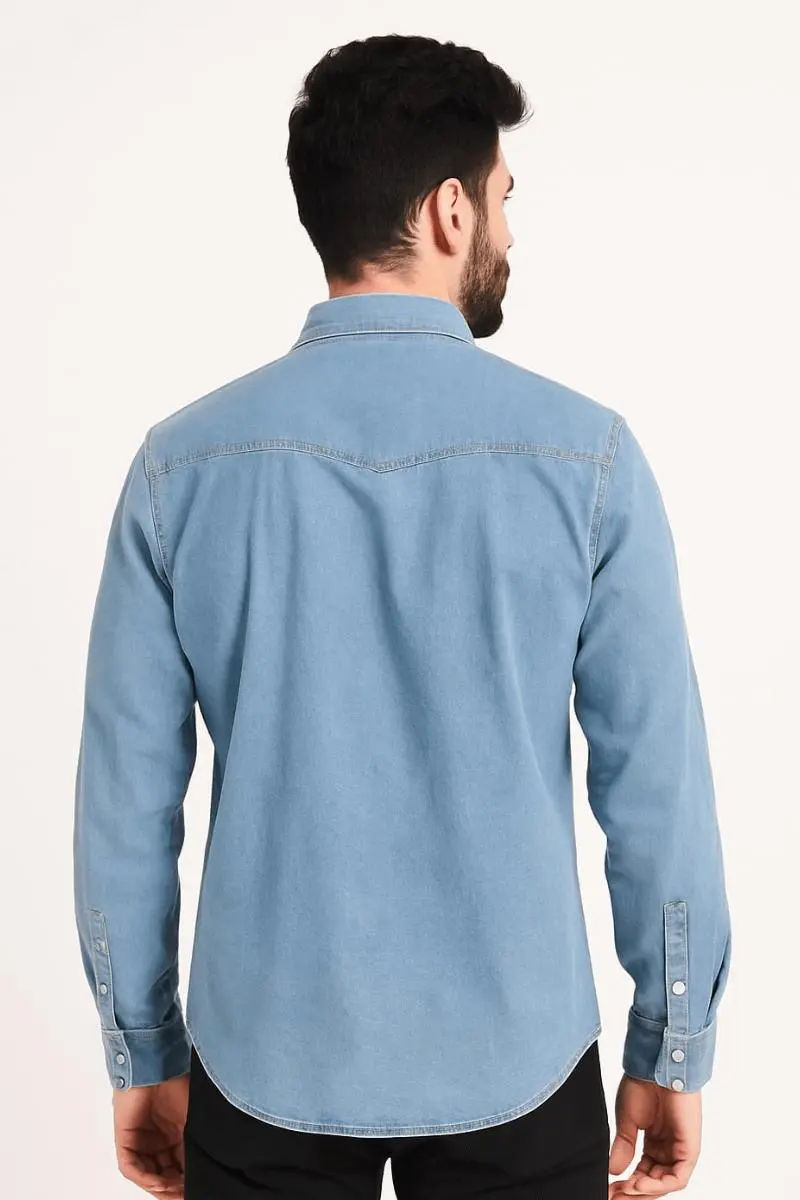 Regulear  Fit Uzun Kollu Kışlık  Pamuklu Çift Cep Kapaklı Düz Erkek Mavi Kot  Gömlek 96149