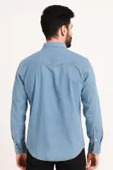 Regulear  Fit Uzun Kollu Kışlık  Pamuklu Çift Cep Kapaklı Düz Erkek Mavi Kot  Gömlek 96149