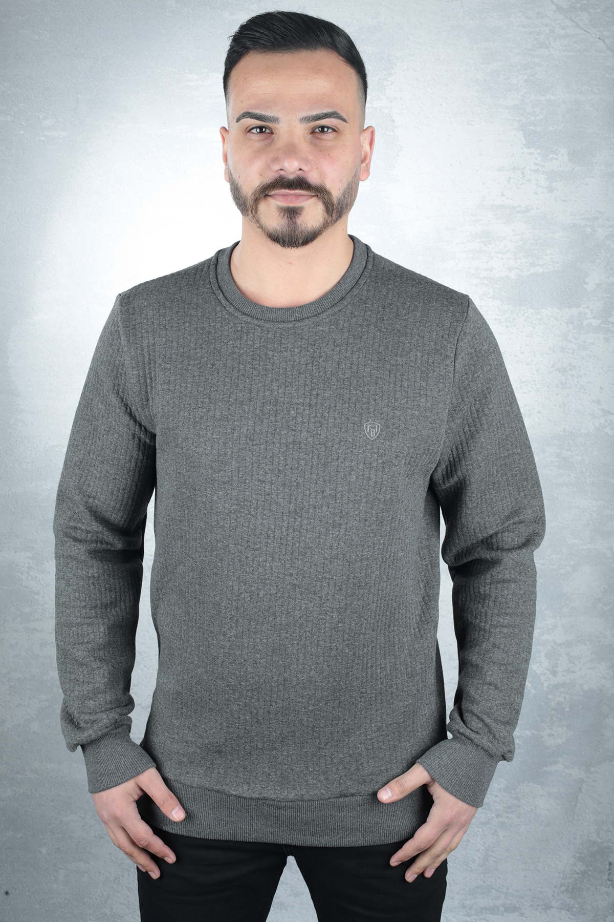 Bisiklet Yaka Uzun Kollu Pamuk Karışımlı Çizgi Detaylı Erkek Sweatshirt 95090 ANTRASİT ANTRASİT - XL