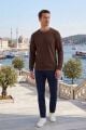 Erkek Bisiklet Yaka Kolu Ribanalı Sweatshirt KAHVERENGİ KAHVERENGİ - XXL