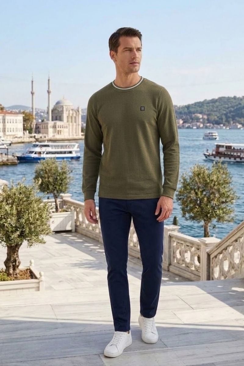 Erkek Bisiklet Yaka Kolu Ribanalı Sweatshirt HAKİ