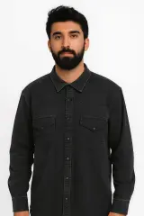 Regulear  Fit Uzun Kollu Kışlık  Pamuklu Çift Cep Kapaklı Düz Erkek Mavi Kot  Gömlek 96149