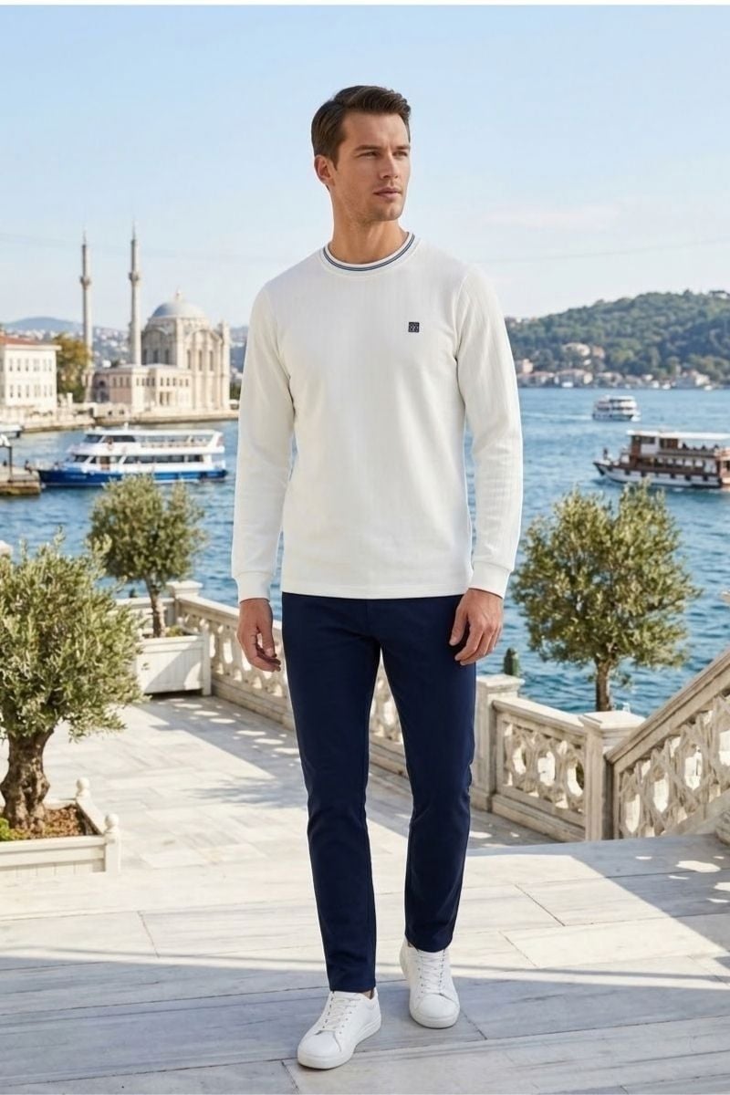 Erkek Bisiklet Yaka Kolu Ribanalı Sweatshirt EKRU EKRU - S