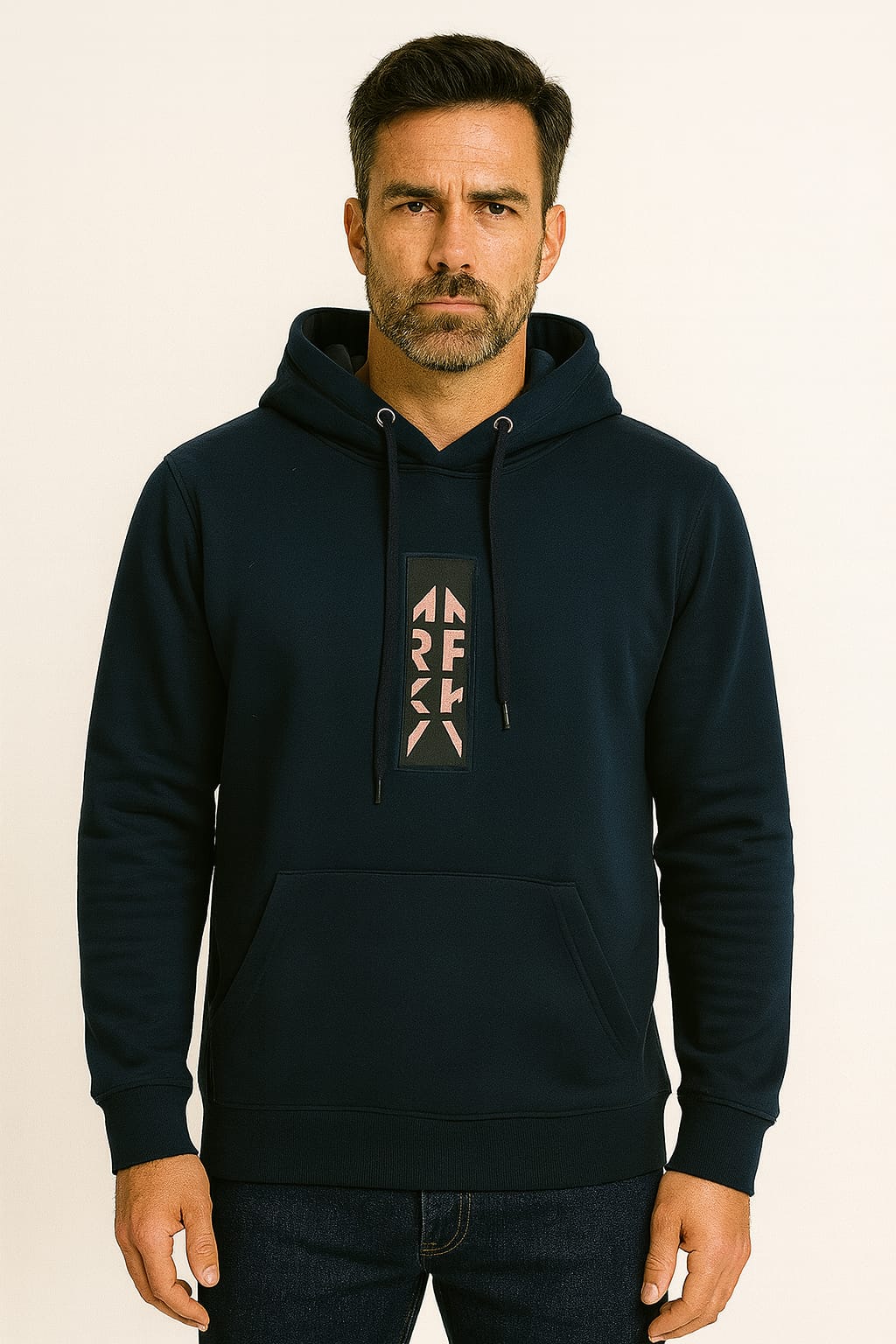 Uzun Kollu Kanguru Cepli Pamuk Karışımlı Baskılı Erkek Kapüşonlu Sweatshirt 678 LACİVERT LACİVERT - L