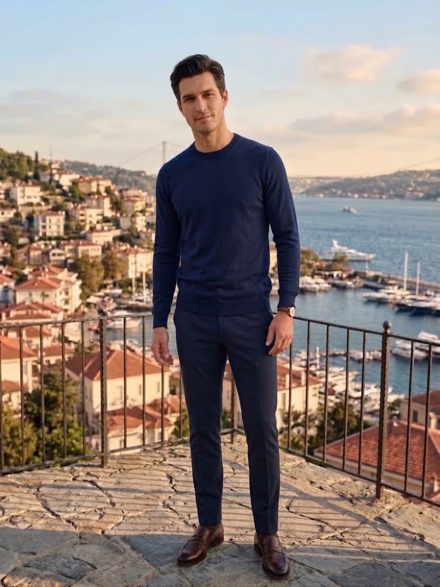 Erkek Bisiklet Yaka Reglan Kol Triko Kazak LACİVERT