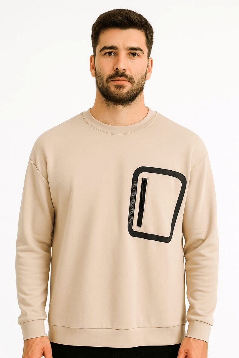 Erkek Sweatshirt Uzun Kollu Pamuk Karışımlı Cep Baskılı Regular Fit Rahat Şık Günlük Sweat 95159 EKRU
