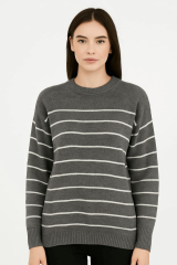 Bisiklet Yakalı Uzun Kollu Tiriko Kazak Çizgi Detaylı Düşük Omuzlu