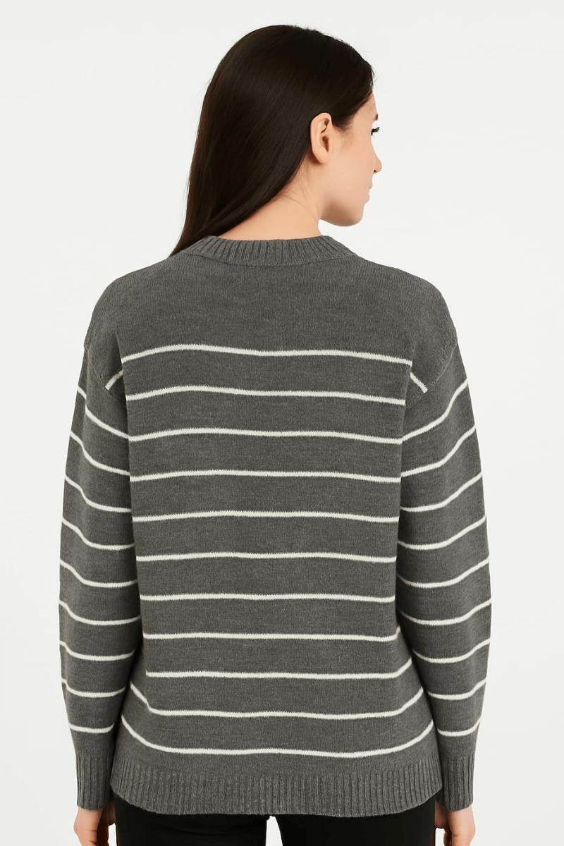 Bisiklet Yakalı Uzun Kollu Tiriko Kazak Çizgi Detaylı Düşük Omuzlu