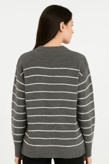 Bisiklet Yakalı Uzun Kollu Tiriko Kazak Çizgi Detaylı Düşük Omuzlu