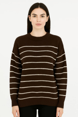 Bisiklet Yakalı Uzun Kollu Tiriko Kazak Çizgi Detaylı Düşük Omuzlu