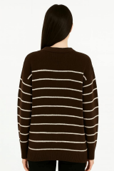 Bisiklet Yakalı Uzun Kollu Tiriko Kazak Çizgi Detaylı Düşük Omuzlu