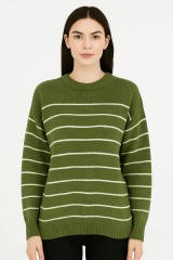 Bisiklet Yakalı Uzun Kollu Tiriko Kazak Çizgi Detaylı Düşük Omuzlu