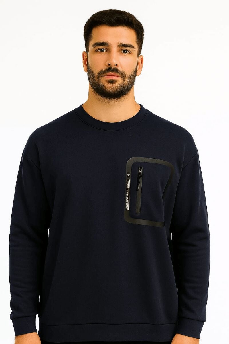 Erkek Sweatshirt Uzun Kollu Pamuk Karışımlı Cep Baskılı Regular Fit Rahat Şık Günlük Sweat 95159 LACİVERT