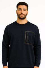 Erkek Sweatshirt Uzun Kollu Pamuk Karışımlı Cep Baskılı Regular Fit Rahat Şık Günlük Sweat 95159 LACİVERT
