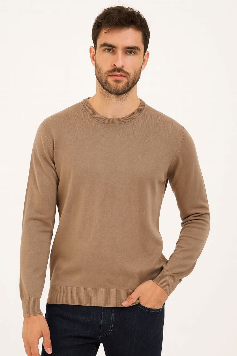 Bisiklet Yaka Pamuk Uzun Kollu  Erkek Triko Rahat Günlük Kombinlere Uygun Kazak 3912 VİZON