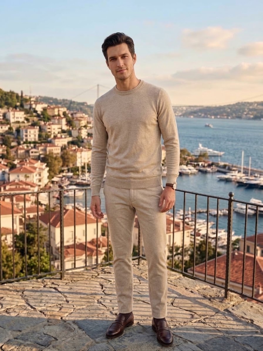 Erkek Bisiklet Yaka Reglan Kol Triko Kazak BEJ BEJ - S