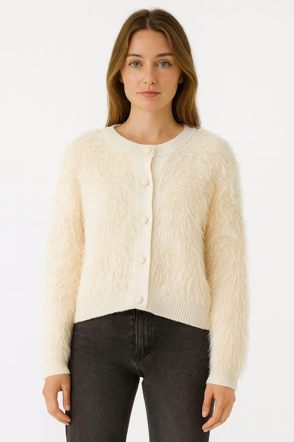 Düğme Detaylı Sakalı Tüylü Uzun kollu Yumaşak Hırka