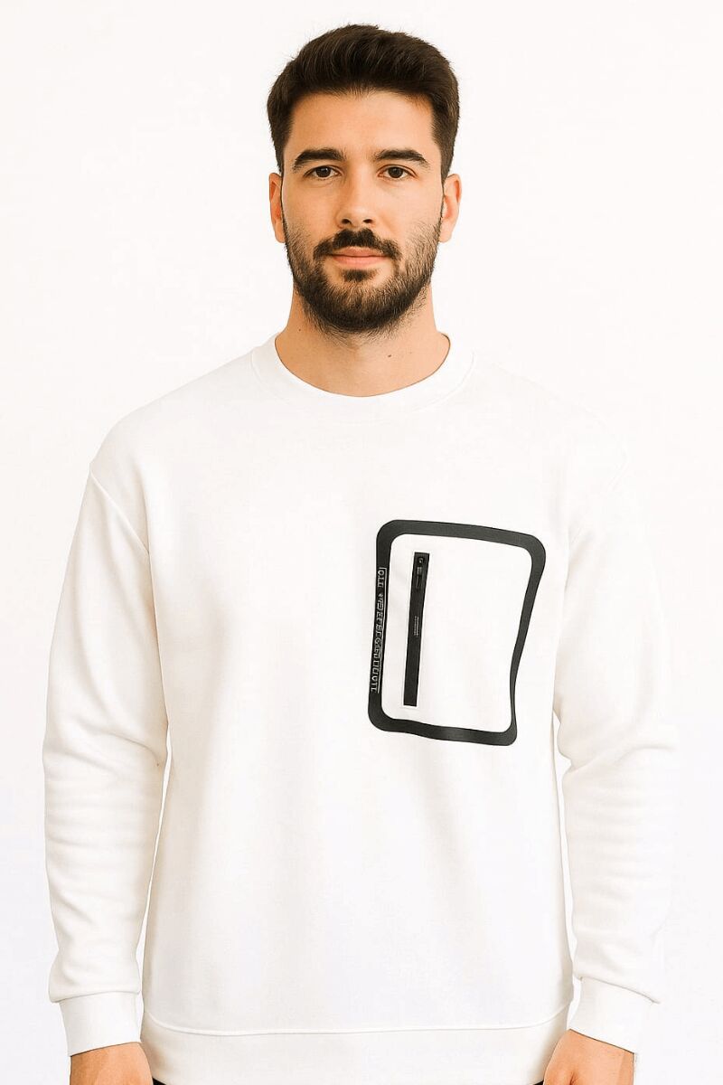 Erkek Sweatshirt Uzun Kollu Pamuk Karışımlı Cep Baskılı Regular Fit Rahat Şık Günlük Sweat 95159 BEYAZ