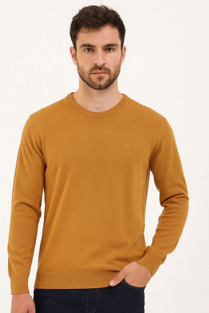 Bisiklet Yaka Pamuk Uzun Kollu  Erkek Triko Rahat Günlük Kombinlere Uygun Kazak 3912 TABA