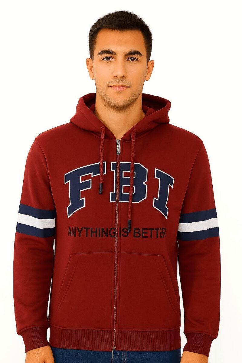 Uzun Kollu Önden Baskılı Yandan Cepli İçi Yumuşak Fermuarlı Şapkalı Erkek Sweatshirt 5469 BORDO