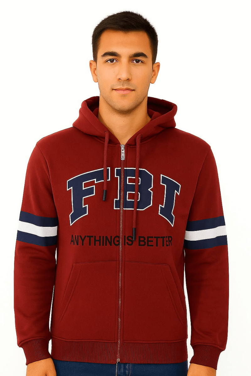 Uzun Kollu Önden Baskılı Yandan Cepli Fermuarlı  Erkek Sweatshirt 5469 BORDO BORDO - XXL