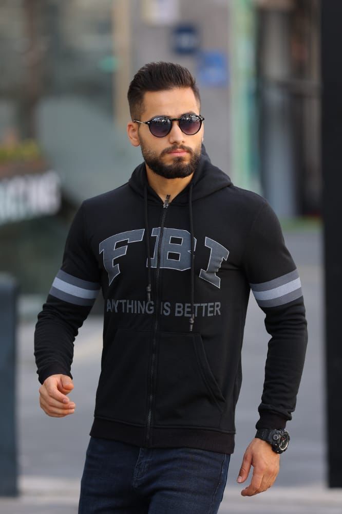 Uzun Kollu Önden Baskılı Yandan Cepli İçi Yumuşak Fermuarlı Şapkalı Erkek Sweatshirt 5469 SİYAH
