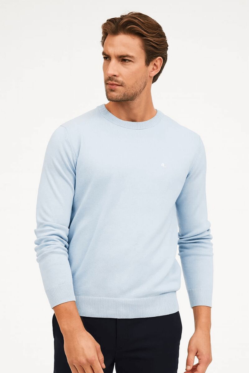 Bisiklet Yaka Pamuk Uzun Kollu  Erkek Triko Rahat Günlük Kombinlere Uygun Kazak 3912 MAVİ