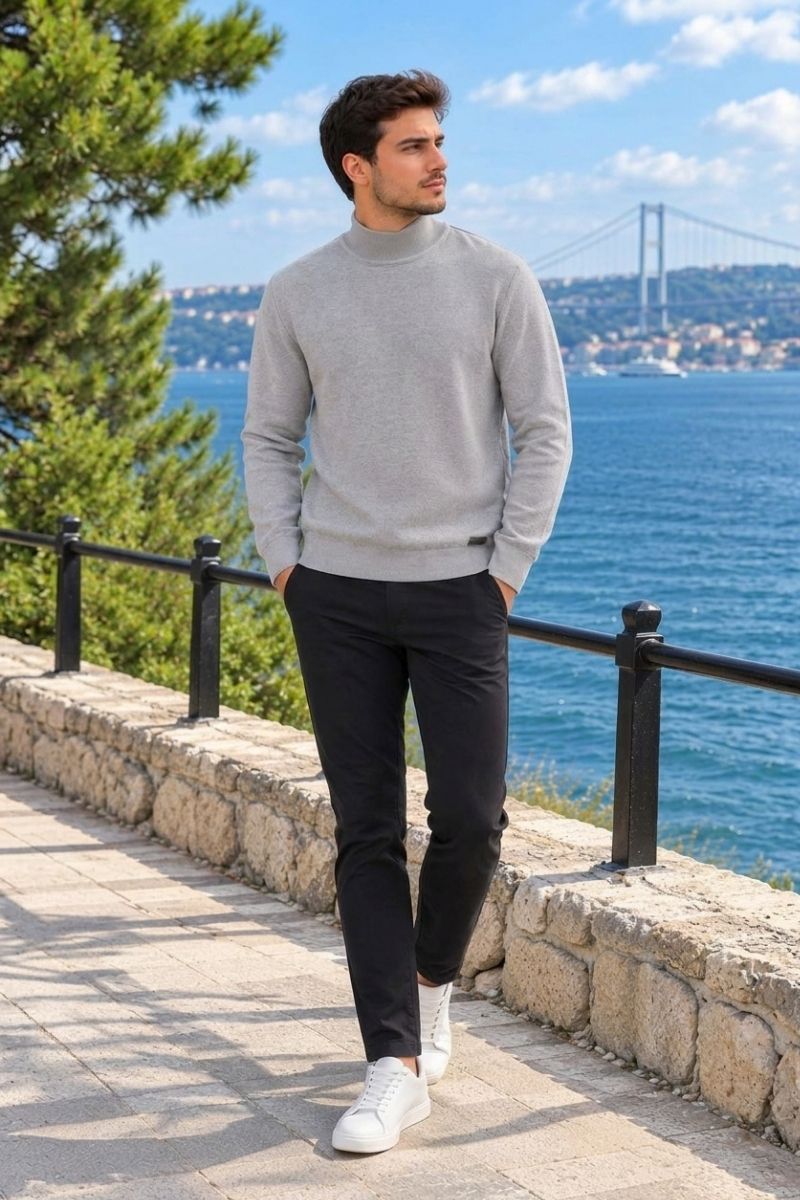 Erkek Yarım Balıkçı Yaka Basic Triko Kazak GRİ GRİ - XL