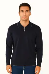 Uzun Kollu Polo Yakalı Yarım Fermuarlı Viscon Karışımlı Erkek Triko Kazak 489