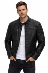 Erkek Deri Ceket Uzun Kollu – İçi Pamuklu, İç Cepli ve Yandan Cepli Şık & Modern Mont SİYAH