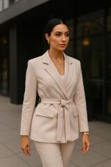 Belden Kuşak Bağlamalı Kadın Astarlı Blazer Ceket Takım 2100