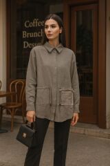 Tünelli Keten Desenli Belden  İp Bağlamalı Gömlek 2039