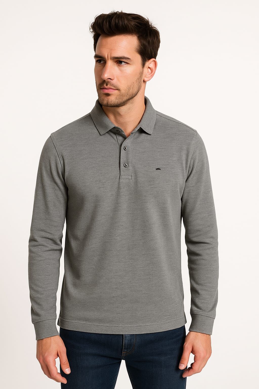 Erkek Polo Yaka Triko Kazak Yarım Düğmeli Uzun Kollu Selanik Kumaş Pamuk Karışımlı Rahat Şık Günlük Kazak 625 GRİ
