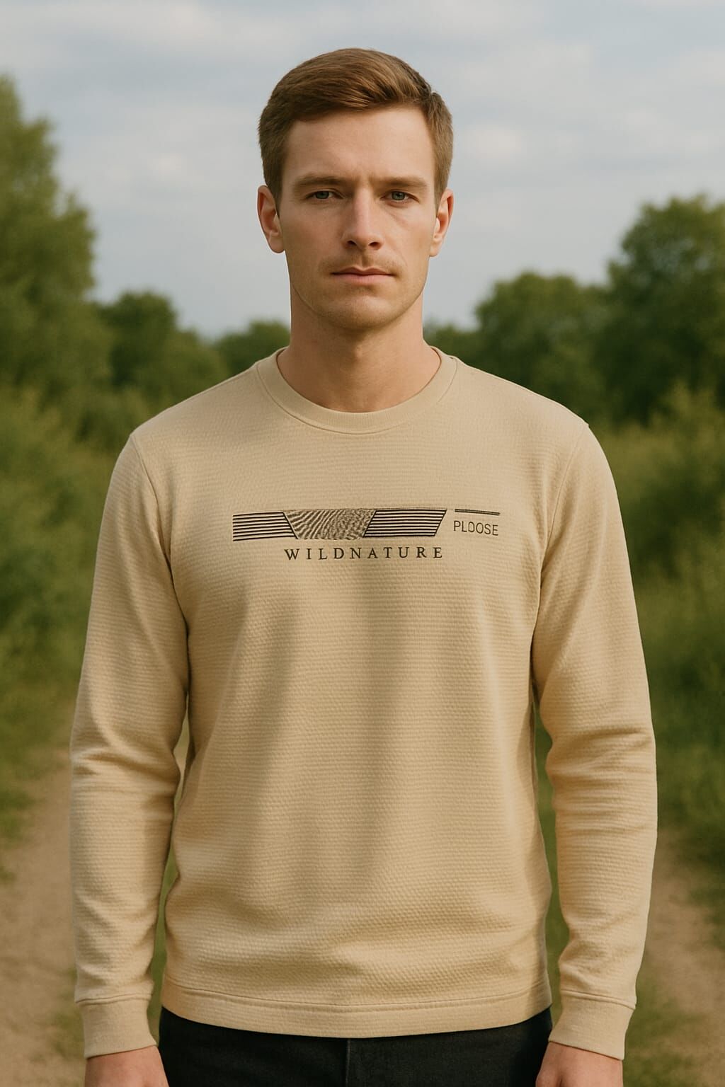 Erkek Baskılı Sweatshirt Bisiklet Yaka Uzun Kollu Regular Fit Rahat Şık Günlük Sweat BEJ