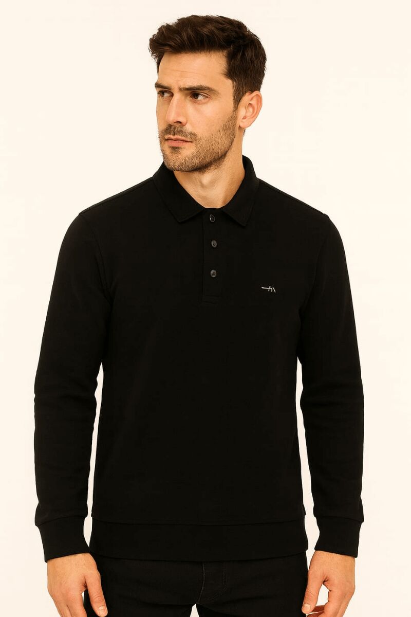 Erkek Polo Yaka Triko Kazak Yarım Düğmeli Uzun Kollu Selanik Kumaş Pamuk Karışımlı Rahat Şık Günlük Kazak 625 SİYAH