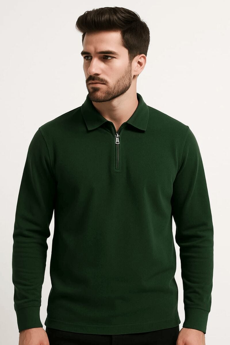 Erkek Polo Yaka Triko Kazak Yarım Fermuarlı Uzun Kollu Viskon Karışımlı Rahat Şık Günlük HAKİ
