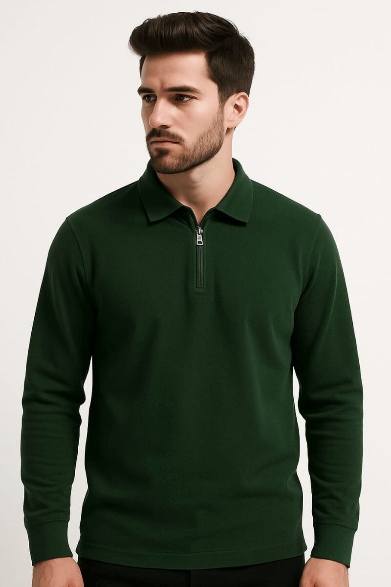 Erkek Polo Yaka Triko Kazak Yarım Fermuarlı Uzun Kollu Viskon Karışımlı Rahat Şık Günlük HAKİ