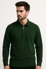 Erkek Polo Yaka Triko Kazak Yarım Fermuarlı Uzun Kollu Viskon Karışımlı Rahat Şık Günlük HAKİ