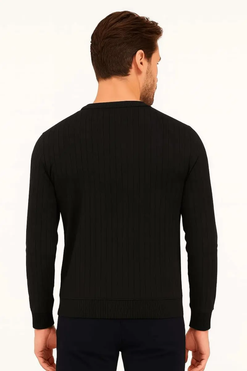 Uzun Kollu Çizgi Detaylı Rahat ve Sıcak Tutan Pamuklu Regulear Kesim Günlük Giyile Bilecek Vücuda Oturan, Klasik Siyah  Erkek Sweatshirt 736