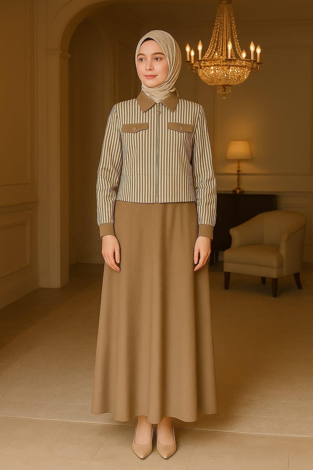 Irk Çizgili Etekli Takım Penye Kumaş Çift Cepli