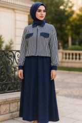 Irk Çizgili Etekli Takım Penye Kumaş Çift Cepli