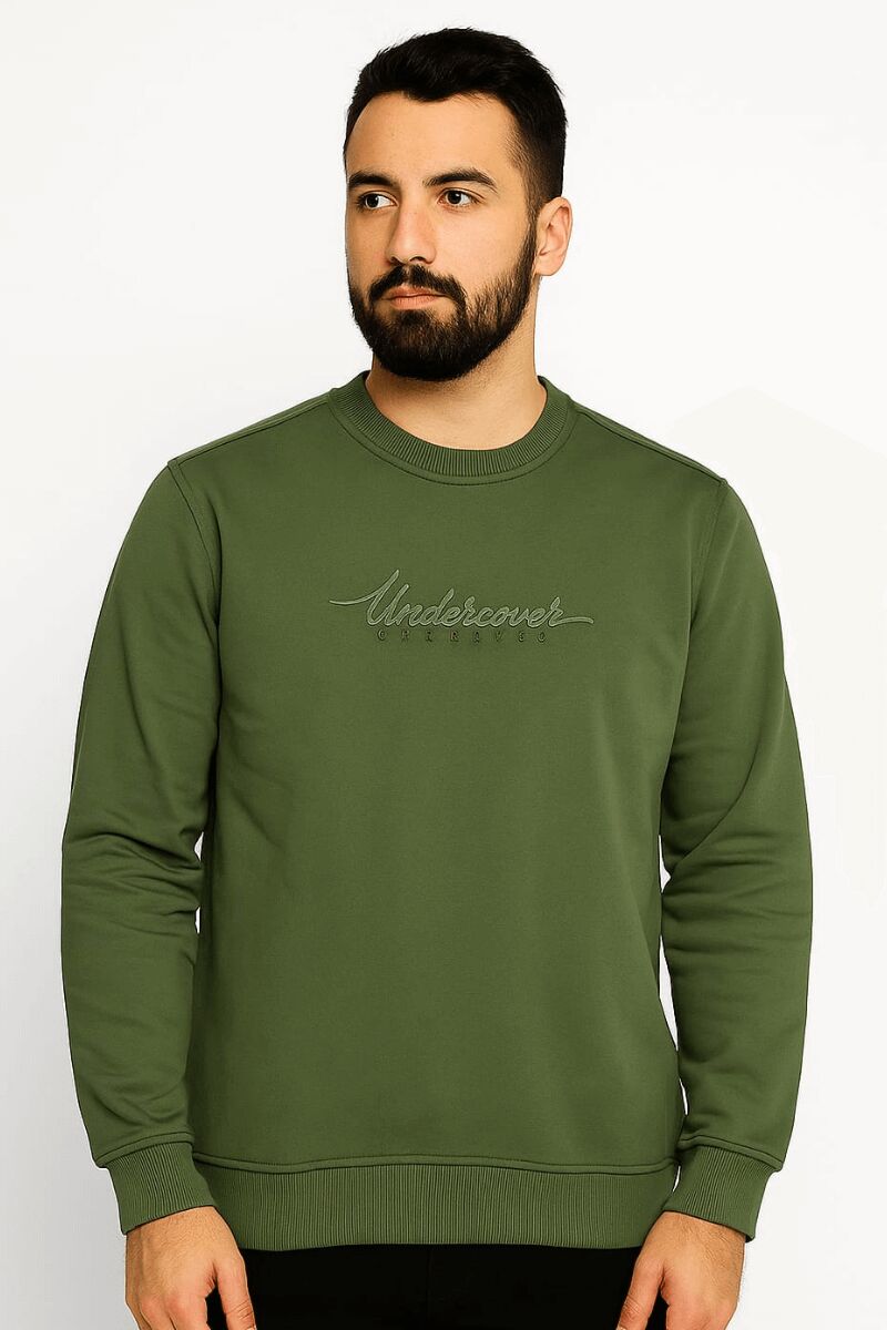 Erkek Baskılı Sweatshirt Uzun Kollu İçi Pamuklu Pamuk Polyester Karışımlı Kalın Dayanıklı Sıcak Tutan Sweat 675 HAKİ