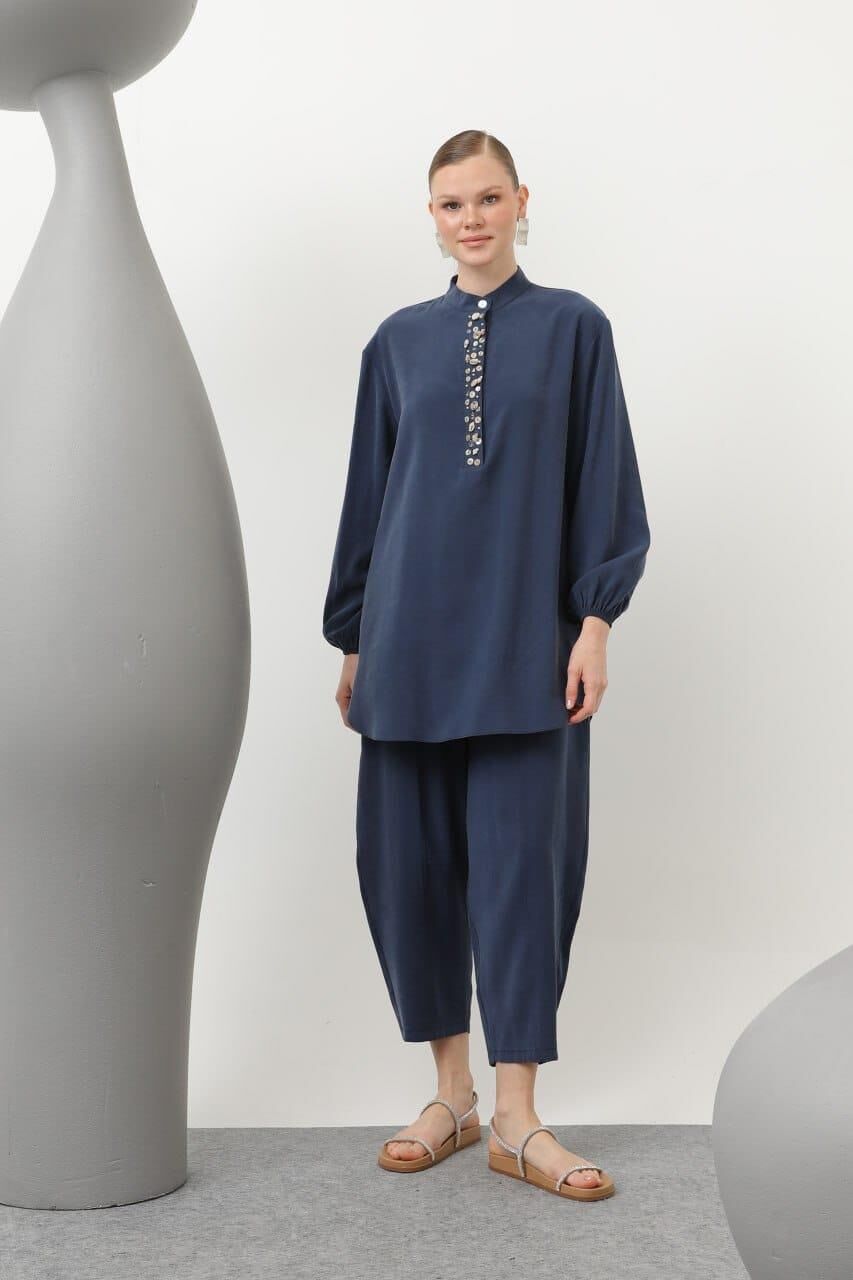 Yakası Boncuk /Deniz Kabuğu İşleme Detaylı Şalvar Pantolonlu Takım 14307