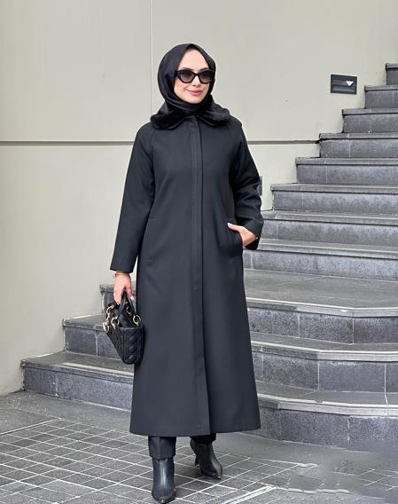 Yakası Kürklü 130 cm Büyük Beden Kaşe Kaban - Siyah 7621